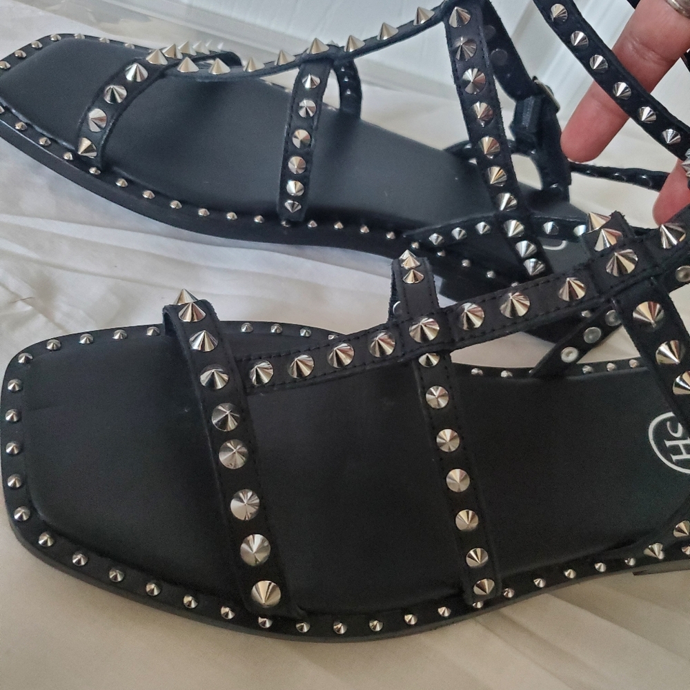 ASH Silver Stud Black Leather Sandals - Picture 8 of 16